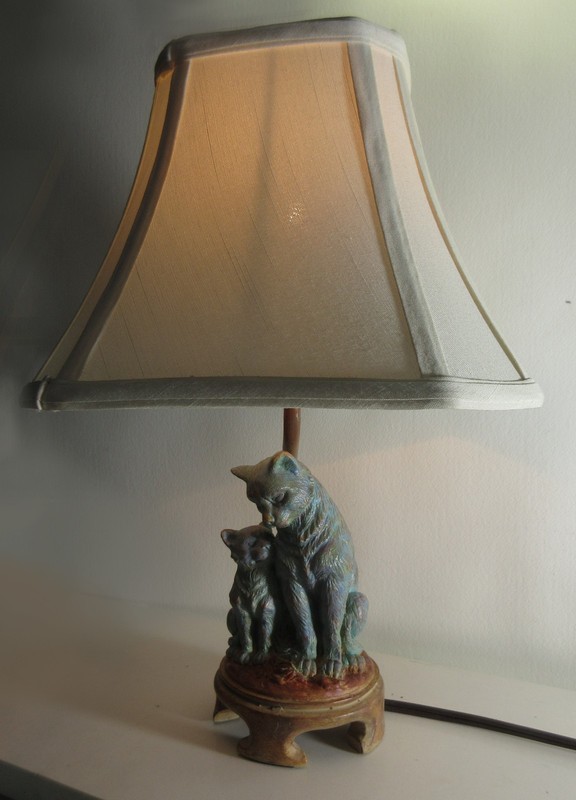 Sculpted Cat And Kitten Table Lamp copper green patina  15" high with shade.