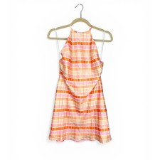 Nia Pink Multi Plaid Satin Mini Backless Slip Dress Large NWT Spring Coquette