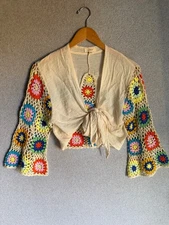 Elan Top Womens Medium Floral Crochet Boho Front Tie Babydoll Y2K Hippie Flutter