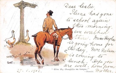 POSTKARTE COMIC SHAKESPEARE THEMA WEILER GENT ZU PFERD VERLOREN SCHILD POST