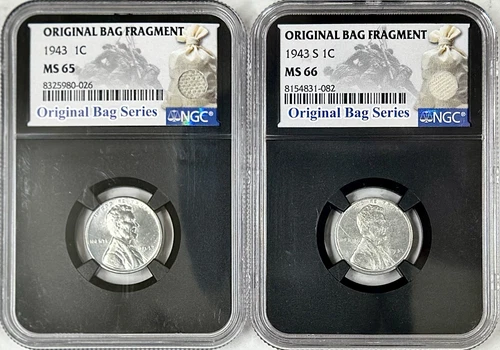 1943 S LINCOLN STEEL CENT ORIGINAL BAG FRAGMENT NGC MS66 & MS65 [2 COIN LOT]