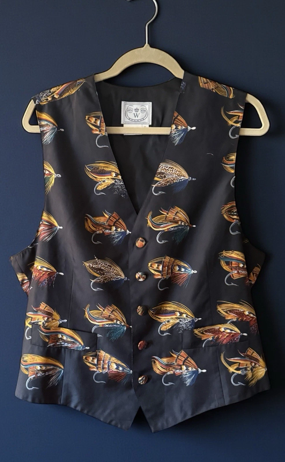 RARE Vintage WATHNE 100% Silk Black FLY Fishing Ties Vest Waistcoat Size XL