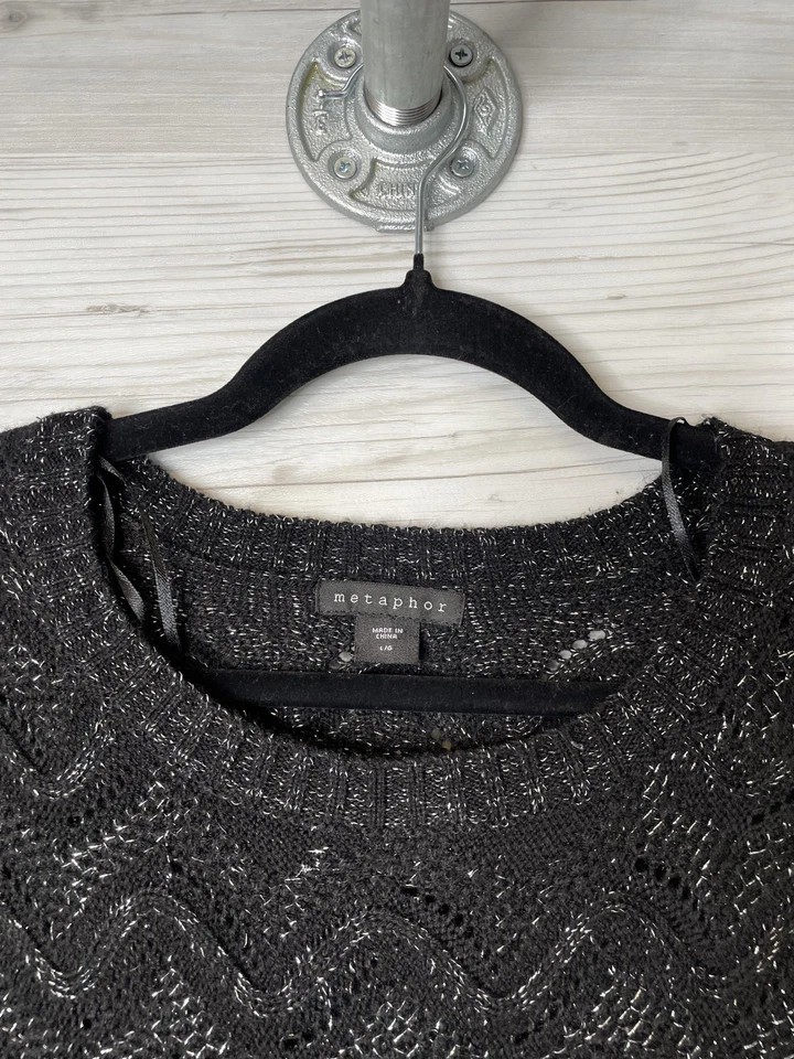 Suéter Metáfora Mujer Grande Negro Metálico Manga Corta Tejido Pullover Top Foto 2 de 4