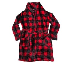 Wonder Nation boys S 6-7 red and black buffalo plaid plush bath robe with tie