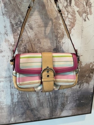 Coach Hampton Multi Color Stripe Shoulder Bag Pink Canvas Leather