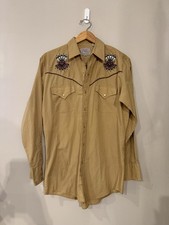 ELY Cattleman Men's Western Shirt Embroidered Snaps Tan Size M Cowboy