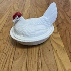 Vtg Westmoreland Hand Painted Milk Glass Hen Nest Chicken Butter Candy Dish Tag