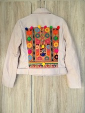 Zara Pale Pink Real Leather Biker Jacket With Tribal Embroidery & Pompoms Size S