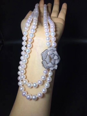 18  Double Strands AAAA 9-10mm Natural ROUND Akoya White Pearl Necklace 925S