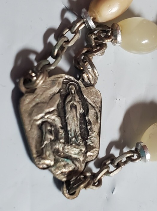 Our Lady of Lourdes Water Relic Rosary Iridescent & Brown Glass Beads