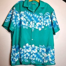 Vintage Hawaiian Shirt Adult Large Polyester Teal Kalena Fashions of Hawaii