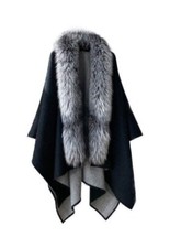 Women's New Black Gray Cashmere Wool Wrap Cape Silver Fox Fur