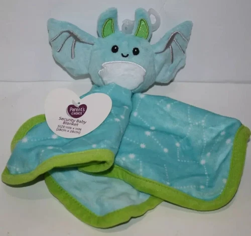 Parent's Choice Soft Baby Blue Bat Security Blanket 11" W/Rattle & Crinkle Toy