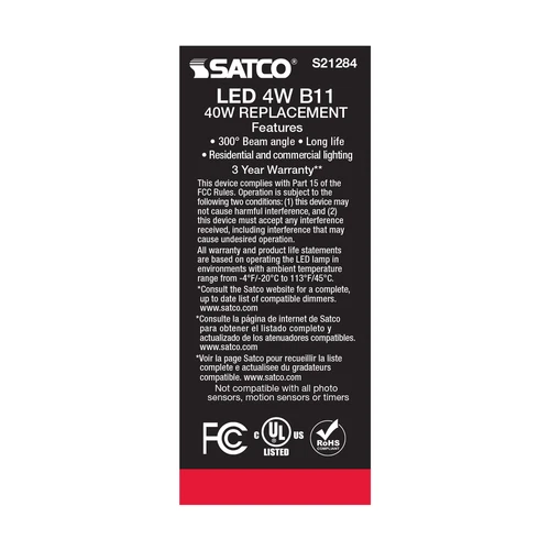 6 Pack Satco S21284 LED Filament Bulbs 120V 4W 40W B11 Medium E26 2700K Dimmable - Picture 9 of 11