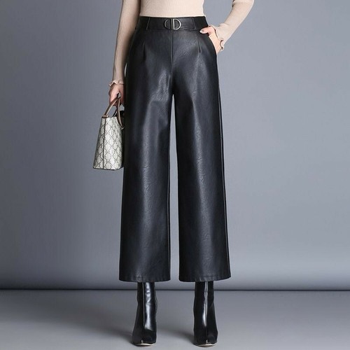 Faux Black Leather Flare Wide Leg Capri 