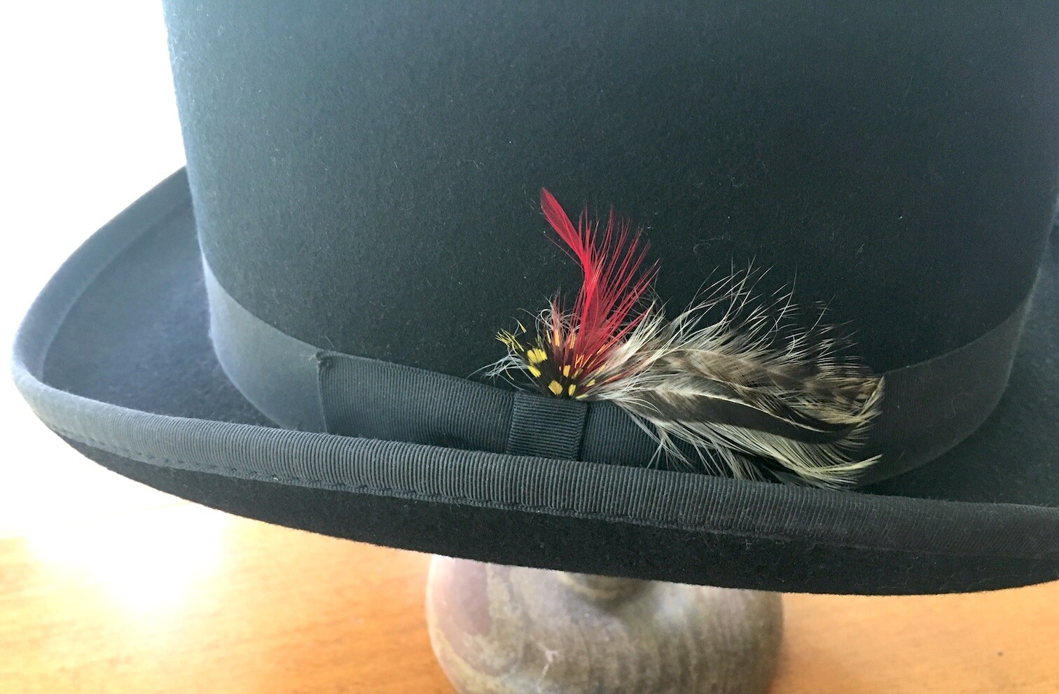 NEW YORK HAT CO. Coachman Black Wool Top Hat w/ Feathers, Large, 23 1/2" image 2