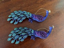 2 KURT ADLER ACRYLIC PEACOCKS PURPLE, GOLD, TEAL GLITTER CHRISTMAS ORNAMENTS