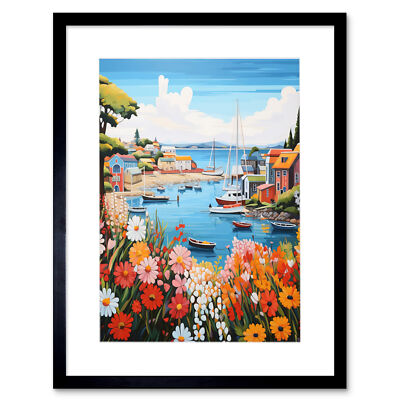 Idyllic Scenic Seaside Fishing Village Bright Floral Harbor Framed Print 12X16