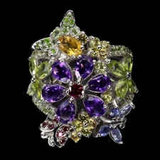 925 Sterling Silver Ring Pear Amethyst Peridot Rhodolite Gemstone Jewelry Size 7