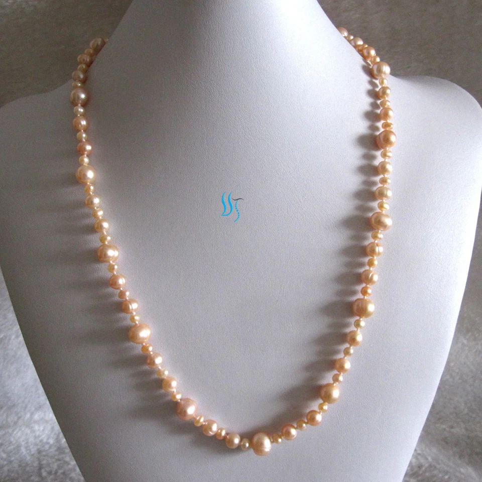 24" 4-10mm Peach Pink Freshwater Pearl Necklace Strand Jewelry - Image 2 of 4