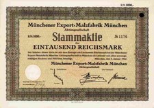 M&uuml;nchner Export MALZFABRIK AG M&uuml;nchen 1942 Memmingen Landsberg N&uuml;rnberg 1000 RM