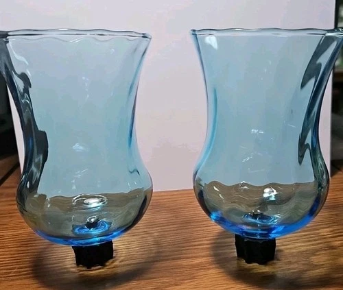 Set Of 2 Vintage Homco Light Blue Swirl Glass Peg Votive Candle Holders 5.25"EUC