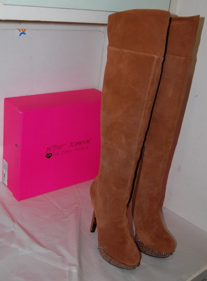 8.5❤️BOTAS Betsey Johnson Gamuza Cuero Engrasado Sobre la Rodilla Tacones Altos Plataforma Foto 3 de 4