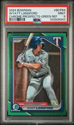 2024 Bowman Chrome WYATT LANGFORD BCP-64 Green Refractor #18/99 PSA 9 RANGERS