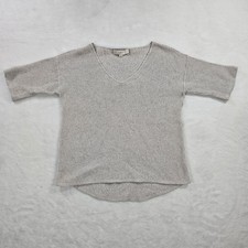 Ann Taylor LOFT Cotton V-Neck Sweater Beige Short Sleeve High Low Hem Small