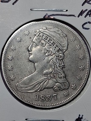 1837 CAPPED BUST HALF DOLLAR. AU CONDITION FULL DETAILS. RIM CLIP ERROR. REEDED.