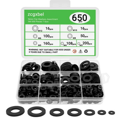 #ad 650 Pieces Nylon Flat Washer for Screws Bolts 7 Sizes Black Plastic Washers ... $8.26