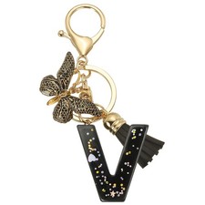 Initial Letter Keychain, Cute Butterfly Keychain with Tassel Letter V, Black