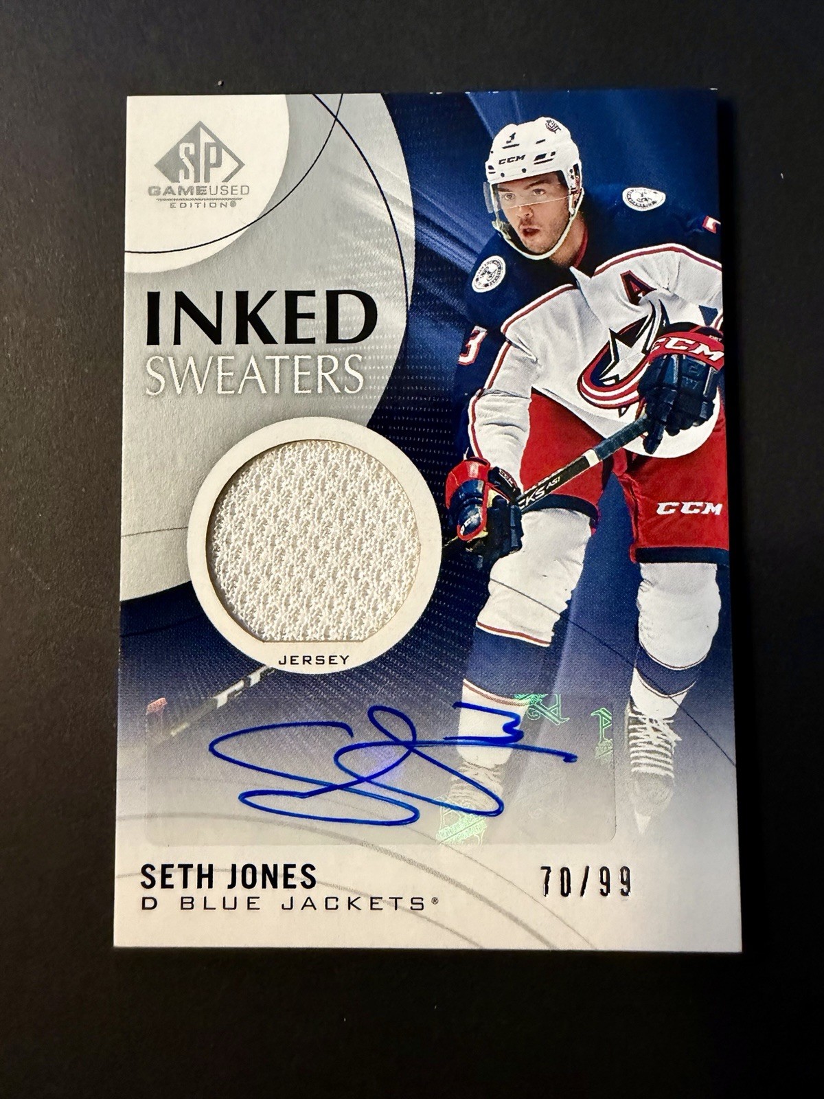 2019-20 UD SP Game Used Seth Jones Auto GU Jersey /99 Blue Jackets #IS-SJ 