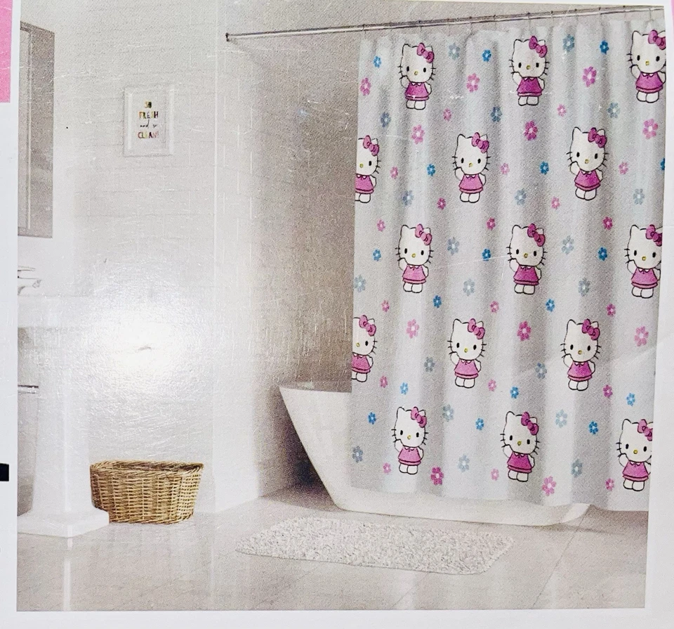New HELLO KITTY Floral Fabric Gray Shower Curtain~72x72 - Image 4 of 4