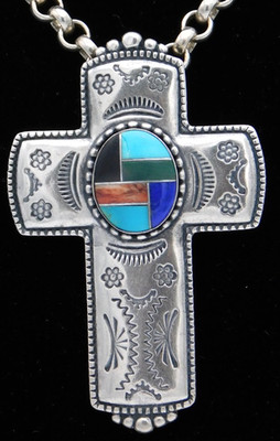 Defective Carolyn Pollack Sterling Multi-Stone Inlay Cross Pendant