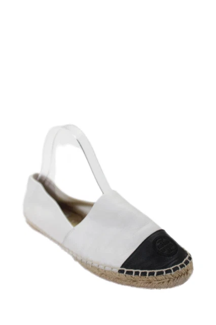 Tory Burch Womens Leather Cap Toe Slide On Espadrille Flats White Black Size 7.5