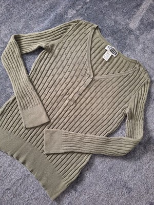 Vtg Route 66 Y2K Vneck Pointel Ribbed Fitted Knit Sweater Womens M Olive Green