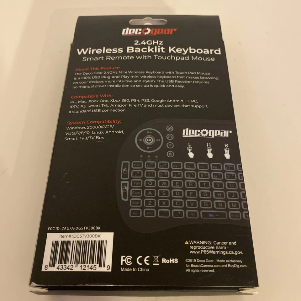 Small Wireless Backlit Keyboard Smart Remote w/ Touchpad Mouse 2.4GHz Deco Gear - Image 2 of 2