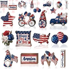 12 Pcs 4th of July Patriotic Wooden Tree Ornaments Colorful Hanging Decor Set