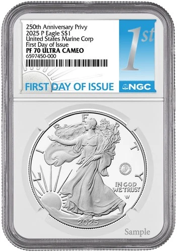 2025-P (PF70) Proof American Silver Eagle U.S. Marine Privy NGC First FDOI