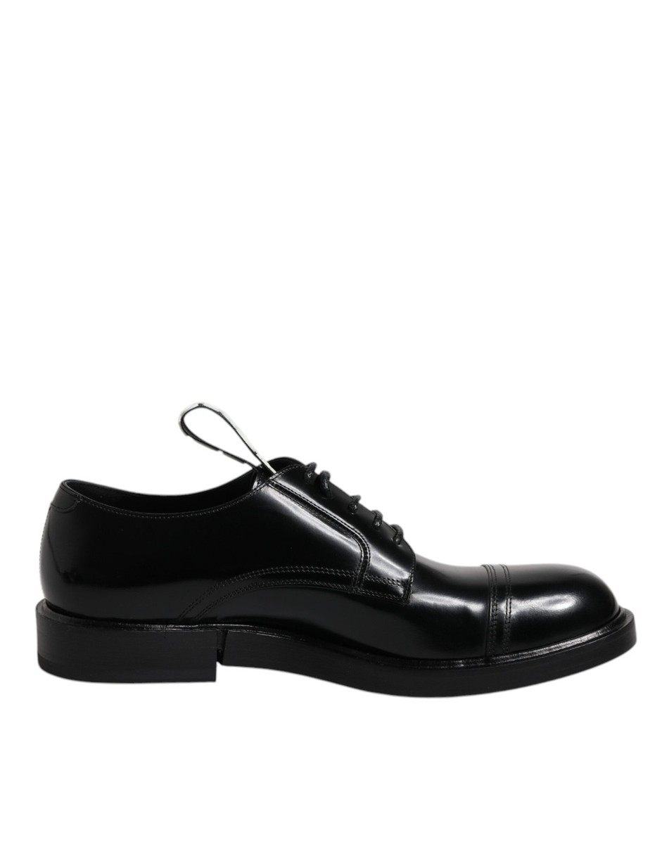 DOLCE & GABBANA 黒レザー レースアップシューズ Dolce & Gabbana Black Patent Leather Derby Lace Up Formal