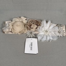 David s Bridal Wedding Sash Belt with Flowers and Rhinestones Champagne S1073