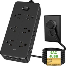 3.9 FT Power Strip with Multiple Outlets Flat Plug 9 AC, 3 USB and 1 USB C, NEW