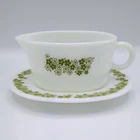 Vintage Pyrex Gravy Boat + Under Plate Spring Blossom Green Crazy Daisy-2 piece