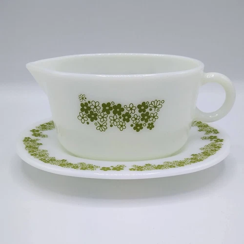 Vintage Pyrex Gravy Boat + Under Plate Spring Blossom Green Crazy Daisy-2 piece