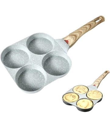 4 Hole Cup Egg Hamburger Pancake Maker Non-Stick Frying Pan with Wooden Handle 