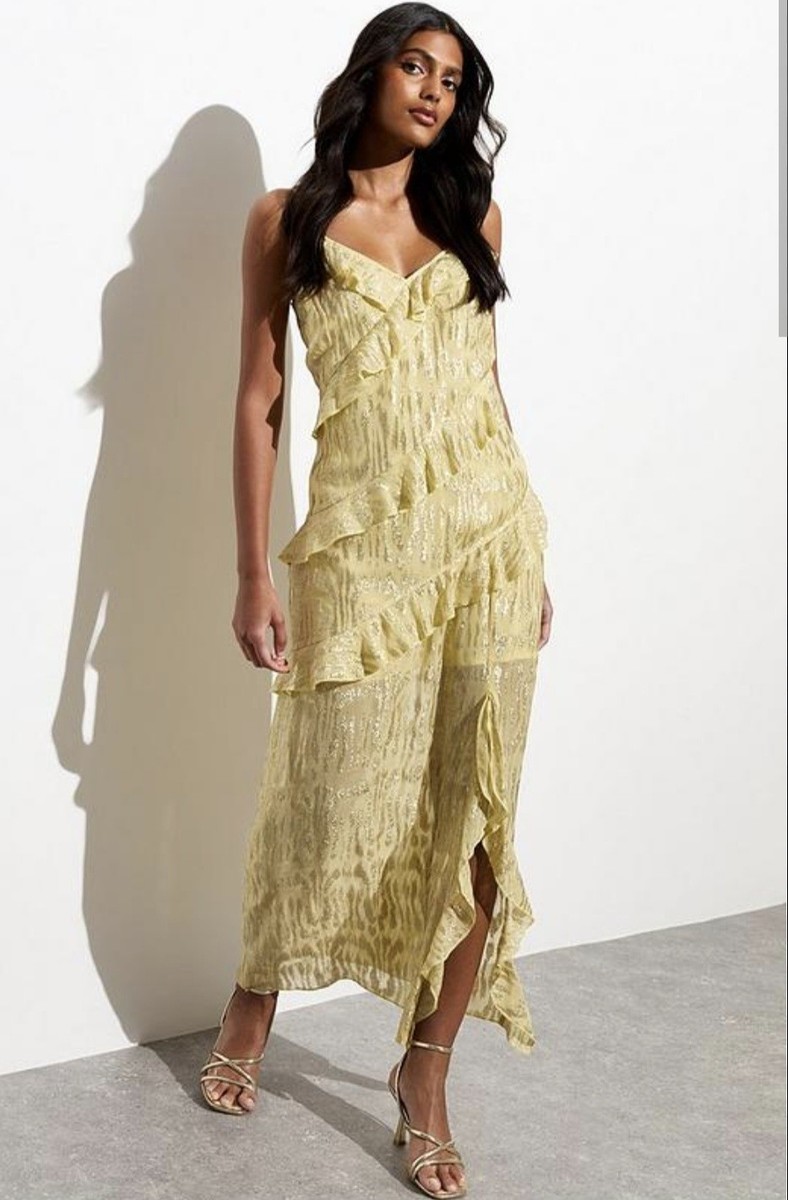 New Look Maxi Dress Size 18 Gold Metallic Ruffle Tiered Layered Split Hem |  eBay UK