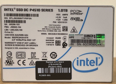 HPE Intel 1TB DC P4510 NVMe U.2 x4 RI 2.5 SSD 1 DWPD 30% to 100% Read Intensive