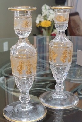 Rare Pair Val St Lambert Danse de Flore ca.1900 Cameo Gilt Candlesticks/ holders