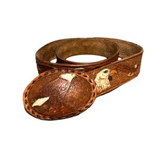 Vintage USA made TOOLED buckle belt EAGLE leather 32  america WESTERN harley